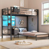 Lit superposé réglable en métal avec bureau, lumières LED, étagères de rangement et tiroirs, lit mezzanine taille double, cadre de lit sans sommier, noir