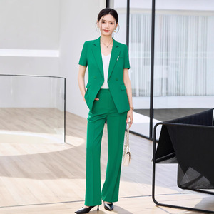Women's Green Suit Set Short Sleeve Blazer Wide Leg Pants Two Piece Formal Work Attire Anti Wrinkle Solid Color Polyester - Product Image 1
