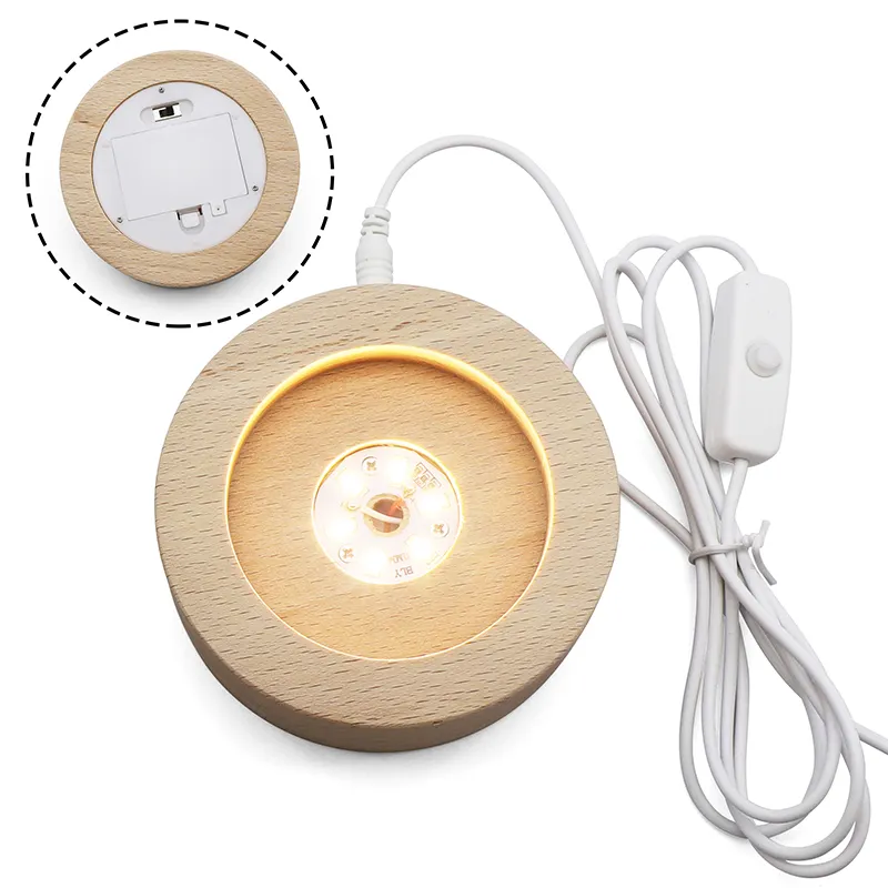 Base de lámpara Led de buena calidad, bola de cristal de madera de haya, Base de luz nocturna con Cable USB