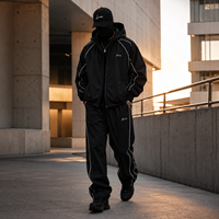 Ensemble de survêtement coupe-vent personnalisé pour homme en nylon noir, veste à capuche et pantalon large avec passepoil blanc, style streetwear et sportif
