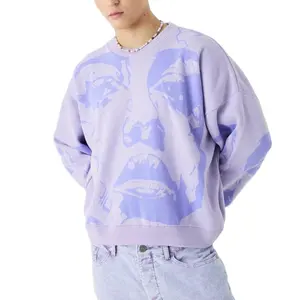 高品质定制棉超大紫色提花长袖针织圆领套头衫加大码男式毛衣
