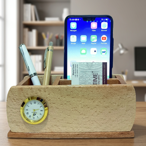 Organiseur de bureau en bois avec horloge et porte-stylos pour usage professionnel - Product Image 2