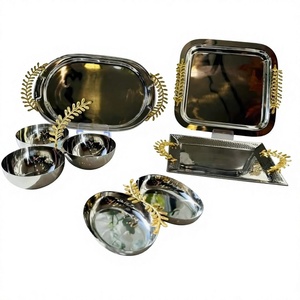 Bol de service pour collations en acier inoxydable poli, écologique, avec motif feuille d'or, collection de plateaux métalliques de luxe moderne pour la maison - Product Image 1