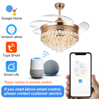 Ventilateur de plafond avec lustre en cristal de luxe pour chambre à coucher, avec télécommande, design européen, LED