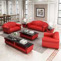 Juegos de Sofás de Lujo, Muebles de Sala de Estar, Juego de Sofás de Cuero Rojo y Negro, Sofá Seccional 123