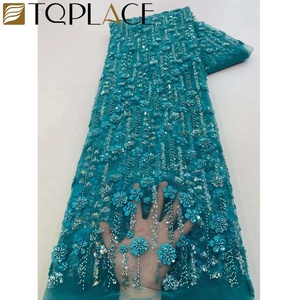 Tessuto di lusso africano 3D fiore di pizzo francese di colore lilla con paillettes e perline per il vestito da festa - Product Image 6