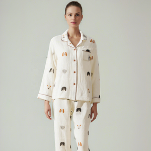 Conjunto de Pijama para Mujer con Estampado de Perro Adorable, Pijama de Algodón Muselina, Conjunto de 2 Piezas, Pijama Largo con Botones, Ropa de Dormir, Conjunto de Pijama Informal para Mujer - Product Image 1