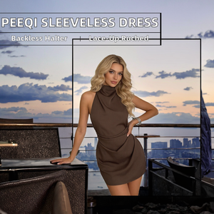 Minivestido ajustado marrón sin mangas con cuello halter, cintura natural y detalle fruncido, lavable, ideal para el verano y el tiempo libre. - Product Image 2