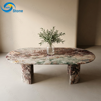 Table à manger en marbre rose macaron poli de qualité supérieure YOYO STONE, design moderne avec base en forme de pétale, mobilier en pierre pour villa et appartement