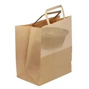 Túi giấy Kraft nâu có tay cầm phẳng Túi giấy dày nhà hàng lấy đi túi giấy Có logo in