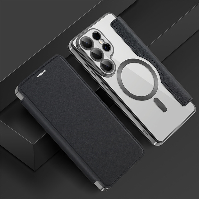 Leather Wallet Card Clip Magnetic Clear Phone Case for Samsung S26 Ultra S25 S24 A17 A57 Plating Wireless Charge Flip Cover