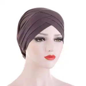 Factory wholesale elastic hijab Muslim hair scarf women's cross headscarf Crystal ramie cotton base hat