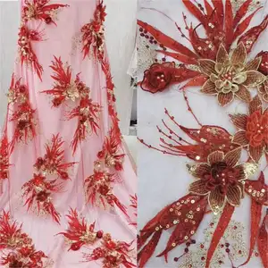 Contas de flores 3d bordados por atacado, design personalizado, luxo, poliéster, feito à mão, lantejoulas, rendas, casamento, bordado, tecido