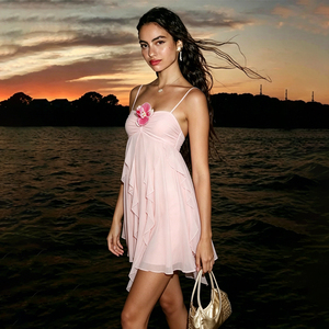Vestido Camisero Asimétrico con Volantes y Flores 3D para Vacaciones en la Isla, Color Rosa, Estilo Holgado y Fluido, Mini Vestido de Malla - Product Image 1