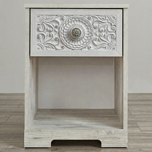 Carved Wood Nightstand <b>End</b> <b>Table</b> Modern Bedroom Side Cabinet Distressed White Accent Furniture - Product Image 1