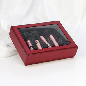 Recycled cardboard pvc window packing box flower cosmetic perfume lipstick shipping chocolate gift box lid and base with raffia