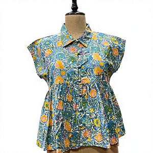 เสื้อกล้ามผ้าฝ้ายทำมือลายพิมพ์บล็อกสไตล์โบฮีเมียนสำหรับผู้หญิง ดีไซน์เนอร์พิมพ์ลายด้วยมือ เหมาะสำหรับใส่ลำลองหรือเป็นทางการในฤดูหนาว  ด้านหน้าติดกระดุม  ใส่ได้ในฤดูร้อน - Product Image 1