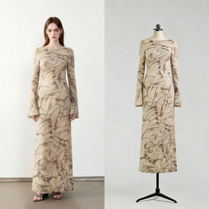 Vestido Elegante Casual de Noche con Cuello Barco, Estampado de Hojas y <span class=keywords><strong>Manga</strong></span> Acampanada, OEM, ODM, Proveedor de Marca Privada, Fábrica China - Product Image 1