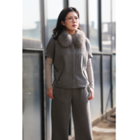 Ensemble de vêtements en tricot pour femmes avec logo personnalisé, cardigan de luxe avec col en fourrure véritable, pantalon en tricot uni, tricot en laine, ensemble de 2 pièces