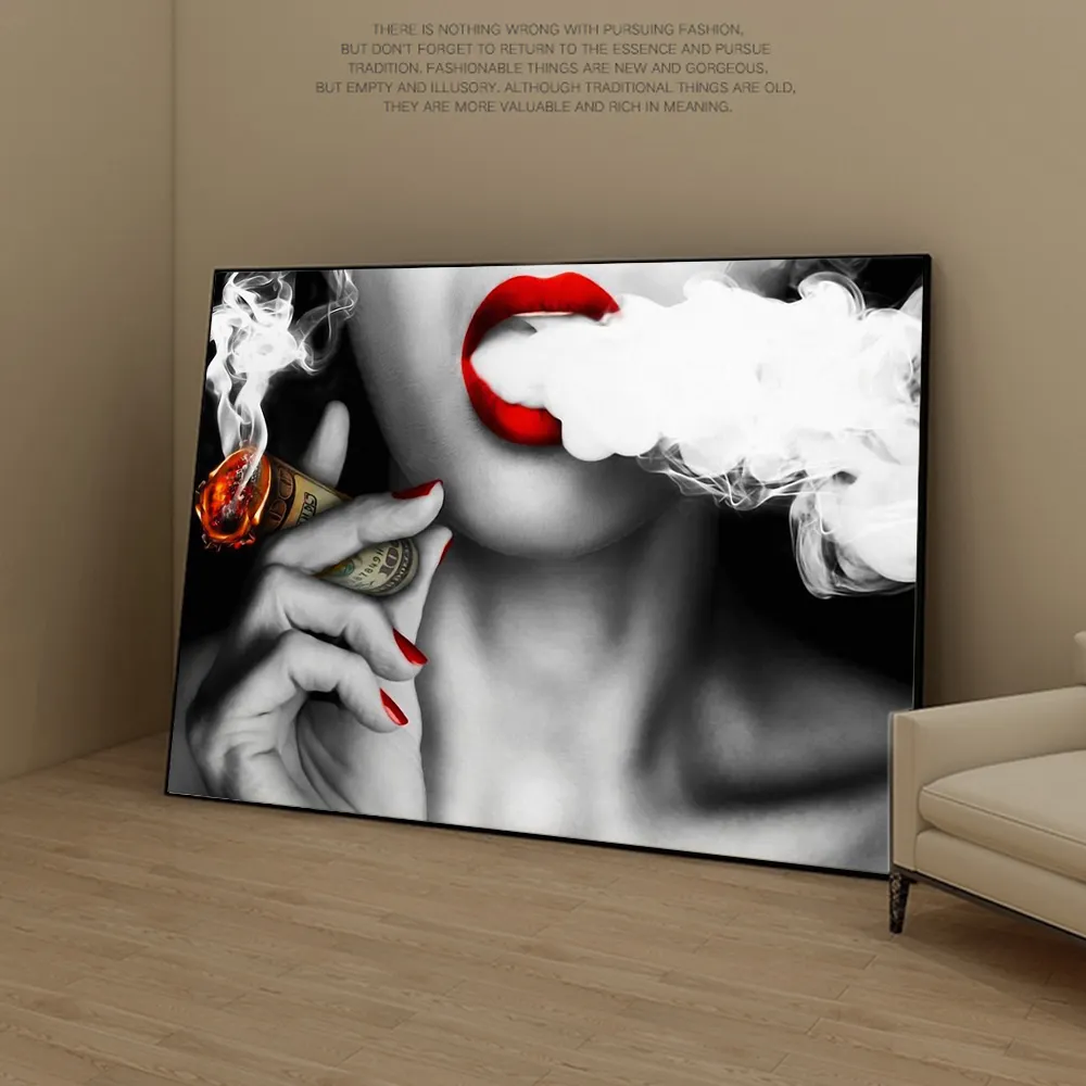 Affiches et imprimés smoker un cigares, fille Sexy, lèvres rouges, toile d'art murale, peintures d'art modernes Pop Art pour décoration murale de la maison