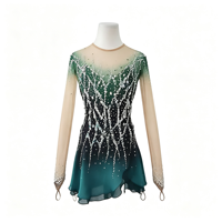 Robe de patinage artistique à manches longues, dégradé vert foncé, tissu en maille avec strass pour enfants et adultes, compétition sur glace