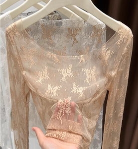 Perspectiva Base de encaje Top Otoño Con cuentas Skinny Fit Seda fina transparente Cuello <span class=keywords><strong>extra</strong></span> grande Capa interior suave - Product Image 5