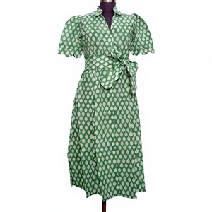 Vestido Midi Estampado a Mano para Boda India, 100% Algodón, Clásico, Casual, Manga Corta, Corte en A, para Verano - Product Image 1