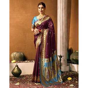 Sari Paithani de Seda Tejida Verde Azulado para Mujer, Estilo Tradicional Indio-Pakistaní, Secado Rápido, para Todas las Estaciones, Bodas, Fiestas, Étnico - Product Image 3