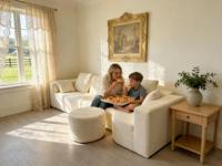 Cremeweißes, flauschiges Stoffsofa, vakuumversiegelt, modular, Ottoman, wolkenähnliche Kissen, Freizeit, modern, klein