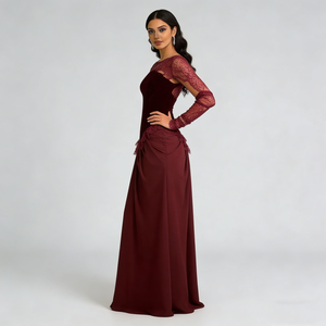 Abiti da Donna in <span class=keywords><strong>Velluto</strong></span> Bordeaux con Pizzo, Scollo Rotondo, <span class=keywords><strong>Maniche</strong></span> <span class=keywords><strong>Lunghe</strong></span>, Arricciato in Raso, Elegante e Formale - Product Image 2