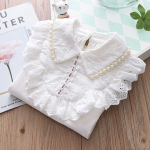 Camicia da bambina in puro cotone bianco con fondo per bambini colletto rialzato camicia da bambina media e grande a maniche lunghe bianca elasticizzata - Product Image 2