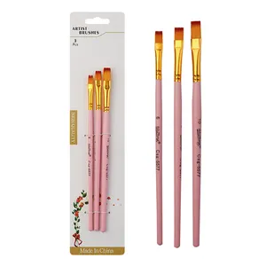 Factory Manufacture Free Sample Tri-color Nylon Brush Pink Color Wooden Paint Brush Long Handle Cake Painting Brushes Designed