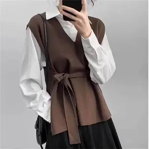 MY184 New 2022 Brief Solid Color V Neck Sleeveless Sweater Women Stylish Match All Knitted Vest Clothing 9