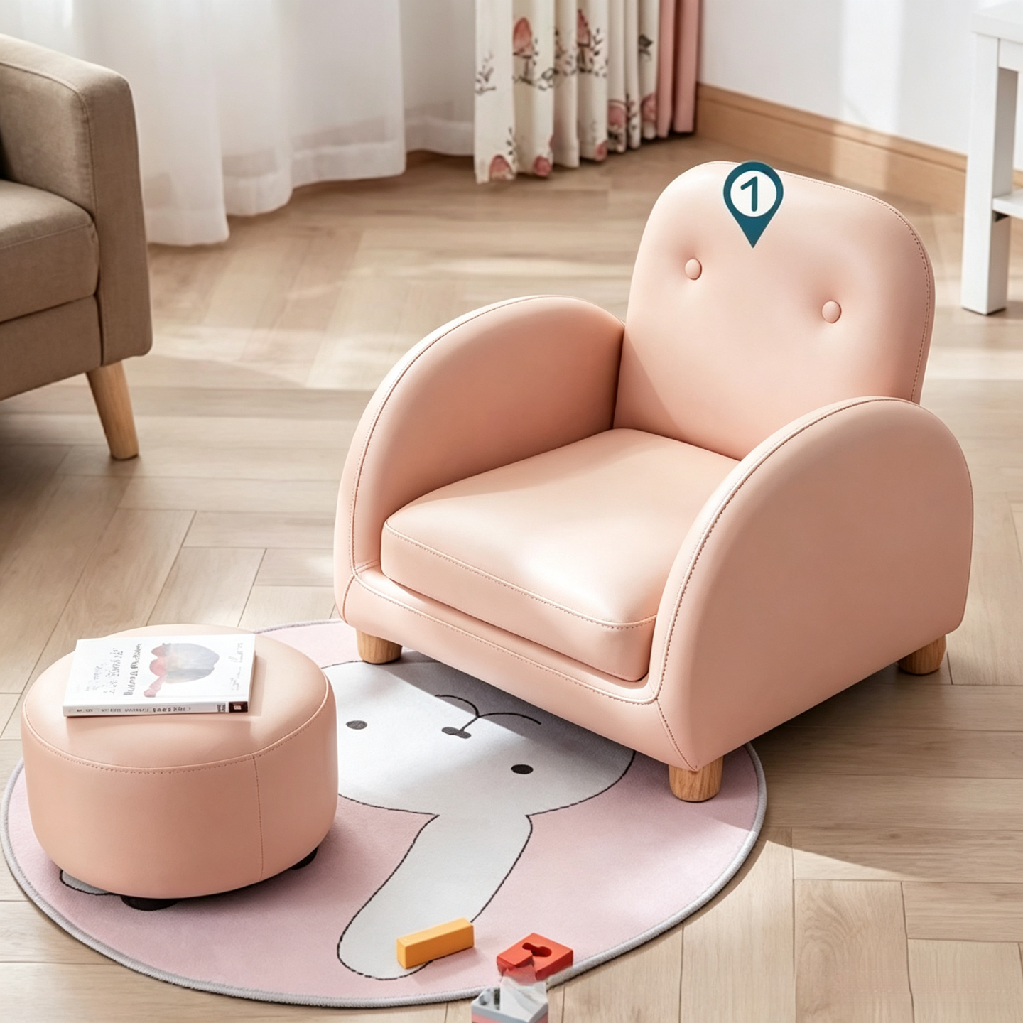 Kids Sofa & Ottoman Set – Cute Mini Armchair with Foam Cushion and Pine Wood Frame for Toddlers - View 2