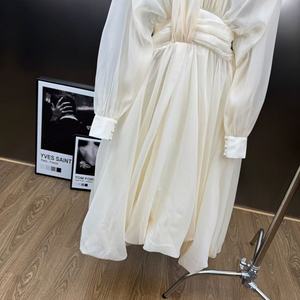 Spring 2026 <strong>Flared</strong> V-Neck Long-Sleeve Dress with Pintucks, Cinched Waist, and <strong>Flared</strong> <strong>Skirt</strong> - Product Image 3