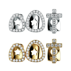 Juego de Aros Dentales Dobles con Zirconia, Diseño de Estrella, Corazón, Cruz, Gota de Agua y Llama, en Oro y Plata, para Uso Diario, Unisex, Grillz - Product Image 2