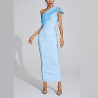 Robe longue en mousseline bleu clair asymétrique à taille empire pour femme 2025, avec corsage à volants et ornements, personnalisable pour soirée formelle