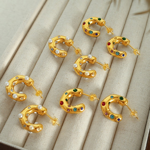 C-Shaped Huggie <b>Earrings</b> Gold Rhinestone Pearl Inlaid Bezel Setting Stainless Steel <b>Post</b> For Daily Wear - Product Image 1