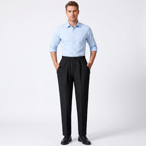 Pantalon habillé noir coupe droite pour homme, taille mi-haute, longueur complète, braguette boutonnée, 100 % polyester, infroissable, hiver/été, devant plat - Product Image 4