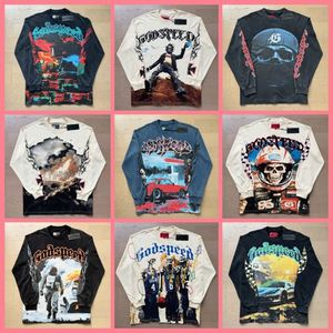 T-shirt unisexe à manches longues en coton, coupe ample, imprimé lettres, style rock rétro délavé, nouvelle collection printemps 25SS - Product Image 2