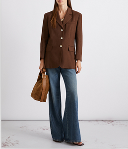 Blazer elegante marrón de un solo botón para mujer con solapa con muescas y bolsillos con solapa, perfecto para la oficina. - Product Image 3