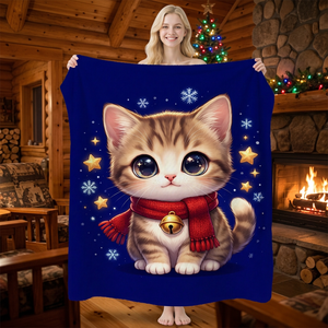 Manta de Felpa con Diseño de Gatito Navideño, Rectangular, Antipilling, Lavable a Máquina, Decoración Moderna para el Hogar en Invierno - Product Image 1