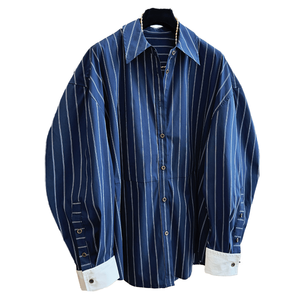 Chemisier décontracté d'automne en polyester non tissé à rayures, coupe droite, col rabattu, teint en fil, épaules tombantes pour femme - Vente en gros pour boutiques - Product Image 1