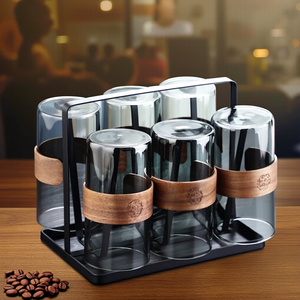 300ml semplice vetro grigio fumo alto borosilicato colorato tazze da <span class=keywords><strong>caffè</strong></span> tè con manico in legno 6 pezzi set con supporto - Product Image 1