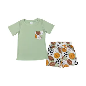 BSSO0694 vert coton manches courtes avec poche basket-ball et football imprimé shorts enfants vêtements garçon ensembles