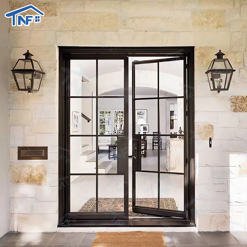 Fabricante moderno doble Exterior/Interior parrilla acero puerta francesa diseños vidrio puerta de hierro forjado