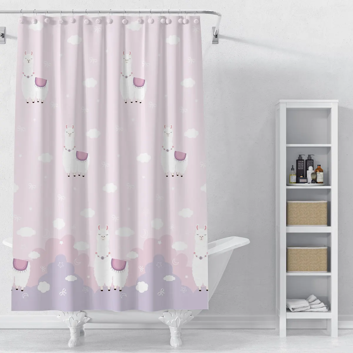 Cute pink Vicuna Print Shower curtain Waterproof shower curtain