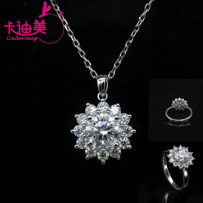 Cadermay 925 Sterling Silver Jewelry Set Sun Flower Design 1ct Stone Moissanite Diamond Ring and Pendant Necklace Wedding Set