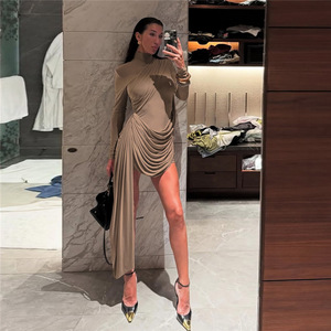 Abito Corto Sexy da <span class=keywords><strong>Donna</strong></span> con Schiena Scoperta, Maniche Lunghe, Collo Alto, Aderente e Plissettato, <span class=keywords><strong>Elegante</strong></span> Mini Abito <span class=keywords><strong>Estivo</strong></span> Casual con Lungo Nastro - Product Image 1