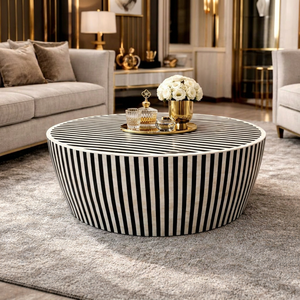 <b>Round</b> Wabi-Sabi Luxury Coffee <b>Table</b> Black and <b>White</b> Striped Modern Living Room Sofa <b>Table</b> - Product Image 1